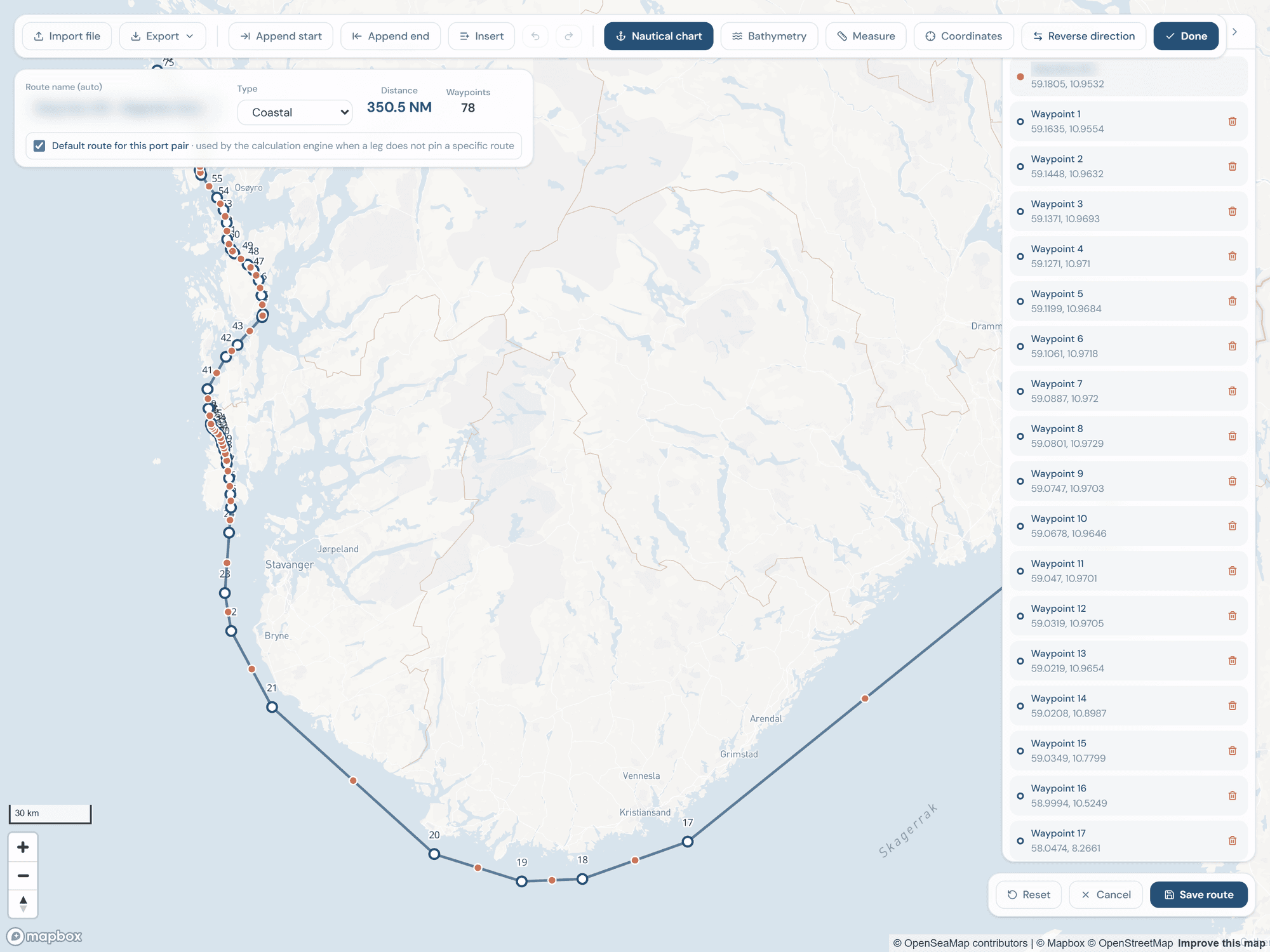 Front Carbon platform route editor showing a 350 nautical mile coastal route with 78 waypoints on a nautical chart